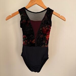Audition Dancewear Black and Red Floral Rose Kids Leotard MC 6-7